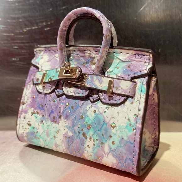 🐍👜 Handmade Genuine Leather Mini Pastel Snakeskin Birkin Textured Tote Bag Charm - Picture 4 of 9